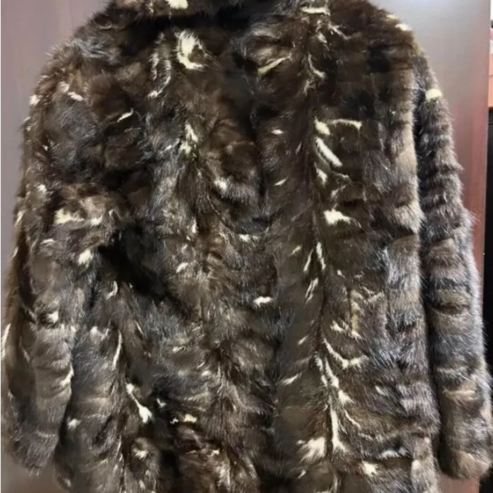 stylish multi-colored mink jacket leather pockets belt inserts. Real Mink Coat - Picture 2 of 3